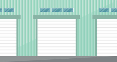 Exterior view of a warehouse building with windows and three roller shutters. Warehouse, logistics.