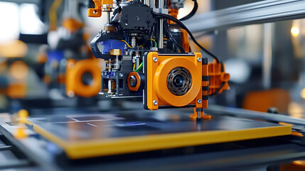 A robotic arm assembling high speed AI powered 3D printers for large scale manufacturing in a tech lab, optimizing precision and material usage for industrial 3D printing, Manufacturing-tech style