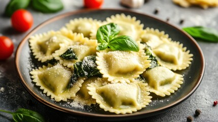 Delicious ravioli with spinach and ricotta filling garnished with basil leaves