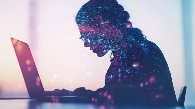 Woman Working on Laptop Night City Lights Double Exposure Digital Art