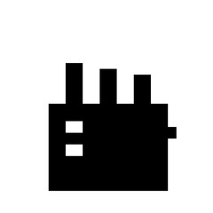 Black pixelated shape with two vertical extensions and two small squares on the left side of the shape