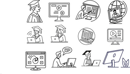 E-learning set of web icons in line style. vector illustration