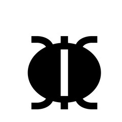 A black and white abstract glyph featuring a circle with a vertical bar and curved extensions at the top and bottom