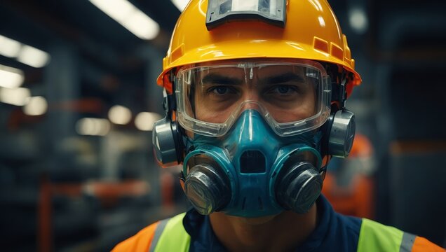 Industrial worker in safety gear posing inside a manufacturing plant.

