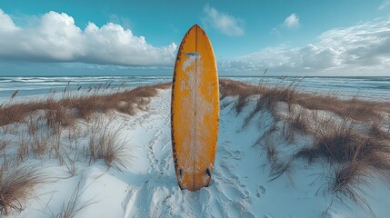 Yellow surfboard on winter beach.