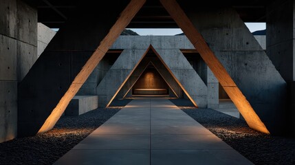 Fototapeta premium Modern concrete passageway with wood accents at twilight.