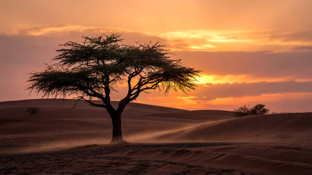 Sunset in the Sands; A Lone Acacia Silhouetted Against Fiery Skies, Its Gnarled Trunk Anchored in Silence
