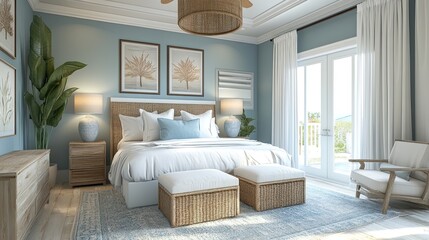 Obraz premium Stylish bedroom with soft blue tones, natural wood, and inviting greenery for a calm, peaceful atmosphere.