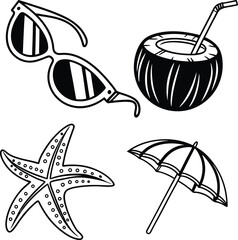 Summer beach and vacation icons with tropical elements and fun holiday symbols