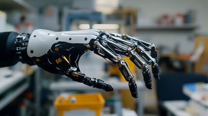 A robotic arm assembling high tech prosthetic arms for disabled individuals in a healthcare lab, integrating sensors and AI-driven motion systems for enhanced limb functionality, Medical-tech style