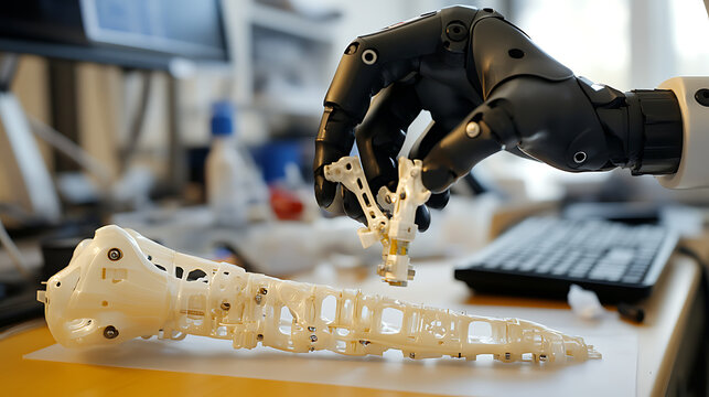 A robotic arm assembling high tech prosthetic limbs in a bioengineering lab, precision parts being fit together for personalized comfort and functionality, Medical-tech style