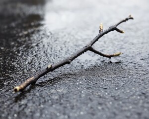 A Small Branch Lying on Wet Asphalt After a Rainy Day,Nature's Simplicity