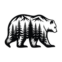 Bear Silhouette Filled with Forest Landscape, Black and White