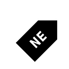 Black tag with white letters ne diagonally oriented on a white background in a simple graphic design