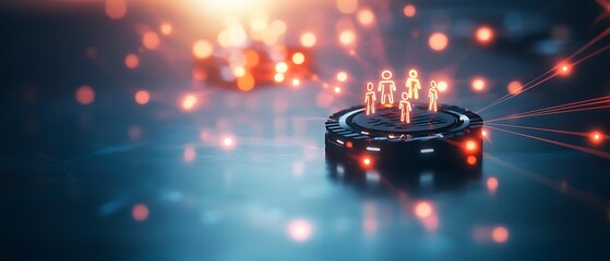Digital avatar group on a platform, glowing connections and bokeh. Futuristic, abstract design
