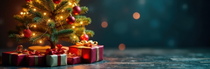 Decorated fir tree with presents & twinkling lights Merry Christmas & Happy New Year card , decoration, gift