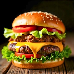 Close-up of a Juicy Homemade Burger with Cheese, Lettuce, and Tomato