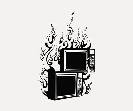 hand drawn tattoo object television on fire vector