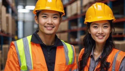 Two smiling Asian warehouse workers wearing hard hats and high-visibility vests in a storage facility.