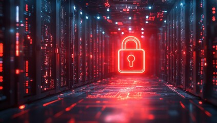 Red neon padlock hovers over a futuristic server room floor, glowing lights illuminate the dark corridor of data storage units.