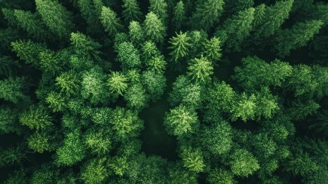 Aerial view of a lush green forest with diverse trees and a clear patch of ground