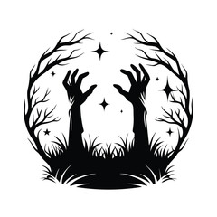 Silhouette of Creepy Zombie Monster with Hands Up on White Background