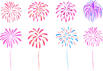 Obraz premium 水彩で描いた打ち上げ花火セット 赤系