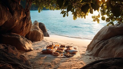 Beach picnic delight tropical shore food photography serene environment sunset view relaxation concept for seo impact