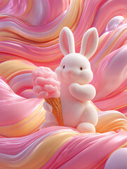 Adorable fluffy bunny holding cotton candy in soft pastel pinks & candy swirls. Vibrant Easter label design with bold pop-art colors, 3D/4K detail. Perfect for festive projects