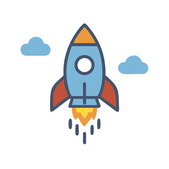 Cartoon rocket ship launch, with clouds, on black