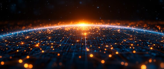 Glowing network nodes and connections form a digital planet, illuminated from within with warm orange light against a dark blue and black background.
