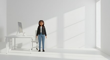 3D Render of a Young Woman Standing in a Minimalist White Office, Modern Digital Art, Clean and Simple Design, Character Illustration, Virtual Workspace