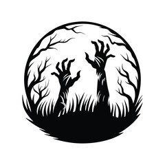 Monochrome Silhouette Creepy Zombie Rising from Bushes with Reaching Hands