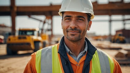 Confident laborer standing tall amidst scaffolding and construction equipment.

