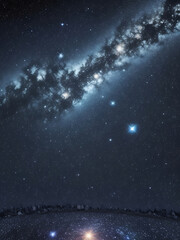 Naklejka premium Starry Night Sky with Milky Way, Nebulae, and Horizon Glow under Cosmic Panorama | AI