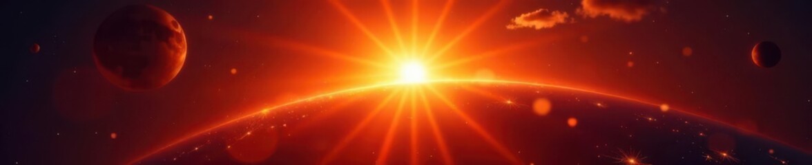 Obraz premium Fiery sun, bright starburst, glittering sparkles, glowing halo, shimmering, explosion