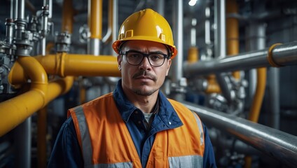A serious male engineer wearing a hard hat and safety vest stands in front of industrial pipes.