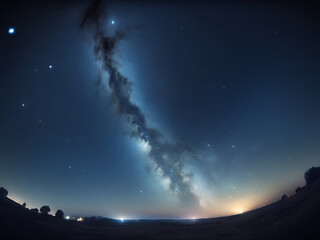 Naklejka premium Starry Night Sky with Milky Way, Nebulae, and Horizon Glow under Cosmic Panorama | AI