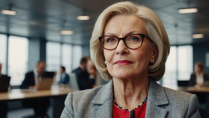 A confident and experienced businesswoman wearing glasses and a suit in a modern office setting.