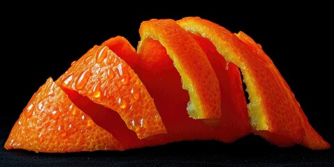Vibrant Orange Peel: A Close-Up Study of Citrus Zest, Juicy and Freshly Peeled Orange Rind Segments with Water Droplets, Displaying Textural Details and Vivid Colors Against a Dark Background