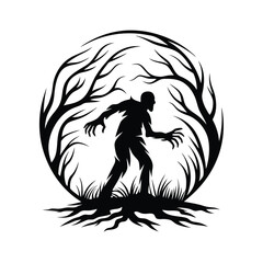 Silhouette of a Decayed Zombie Figure Standing on Ground, Arms Raised, Black and White