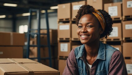 A smiling Black woman with an afro and a bandana is in a warehouse with stacks of cardboard boxes.