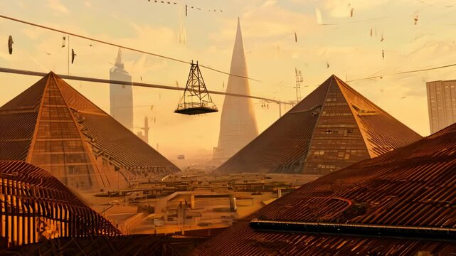 Futuristic cityscape with surreal architecture and flying structures at sunset