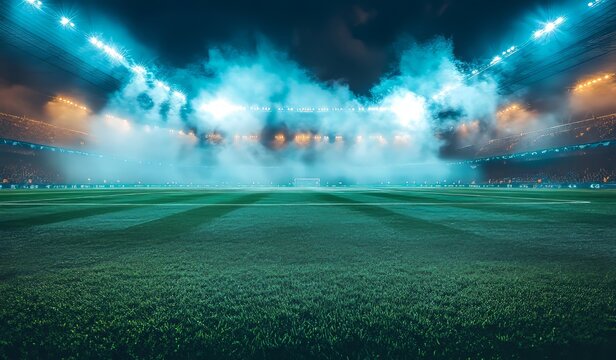 Night soccer field; stadium lights illuminate teal smoke, obscuring the stands; a vibrant green field stretches before a distant goal.