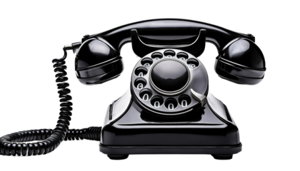 Vintage black rotary dial telephone isolated on PNG white transparent background.