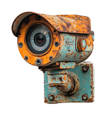 Rusty surveillance camera abandoned location urban isolated on transparent background