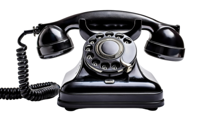 Vintage black rotary dial telephone isolated on PNG white transparent background.