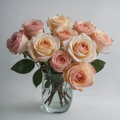 A pastel rose arrangement in soft lighting, white backdrop