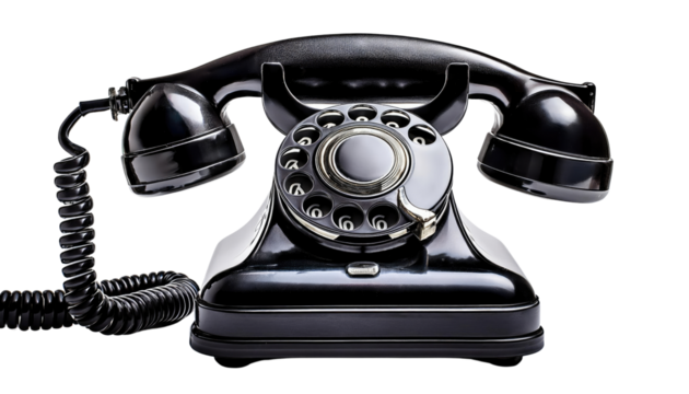 Vintage black rotary dial telephone isolated on PNG white transparent background. - Powered by Adobe