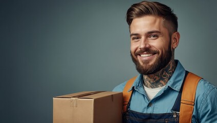 A smiling tattooed delivery man in overalls holding a cardboard box against a grey background.